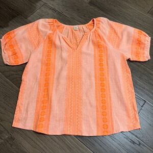 Ivy Jane Embroidered Peasant Top Boho Blouse‎ Short Sleeve Pink/Orange Small